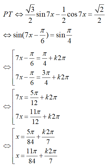 Số nghiệm của phương trình (2pi/5;6pi/7) của phương trình: Căn3*sin7x - cos7x = Căn2: A.3 B.4 C.5 D. Đáp án khác (ảnh 1)