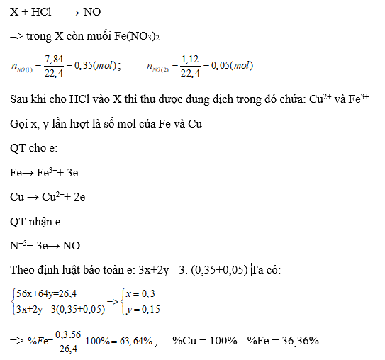 Hòa tan hoàn toàn 26,4 gam hỗn hợp A gồm Fe và Cu trong dung dịch HNO3 (ảnh 1)