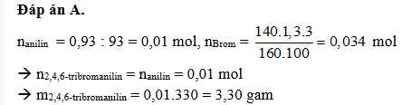 Cho 0,93 gam anilin tác dụng với 140ml dung dịch nước Br2 3% có khối lượng riêng 1,3 g/ml (ảnh 1)