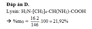 Phần trăm khối lượng của nguyên tố oxi trong lysin là 35,96% 43, 54% (ảnh 1)