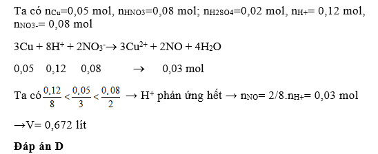 Cho 3,2 gam bột Cu tác dụng với 100ml dung dịch hỗn hợp gồm HNO3 0,8M (ảnh 1)