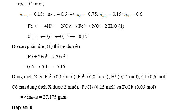 Cho 11,2 gam Fe vào 300ml dung dịch chứa (HNO3 0,5M và HCl 2M) (ảnh 1)