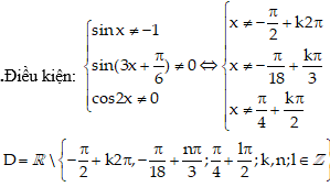 Tìm tập xác định của hàm số sau y = tan2x / (sinx + 1) + cot(3x + pi / 6): A.R\{kpi/2,k thuộc Z} (ảnh 1)