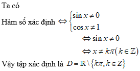Tập xác định của hàm số y = cotx / cosx - 1: A.R\{kpi/2, k thuộc Z} B.R\{pi/2+kpi, k thuộc Z} C.R\{kpi, k thuộc Z} D.R (ảnh 1)