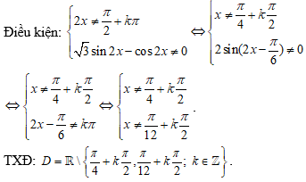 Tìm tập xác định của hàm số sau y = tan2x / căn(3) sin2x - cos2x: A.D=R\{pi/4+kpi/2,pi/12+kpi/2;k thuộc Z} (ảnh 1)