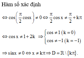 Tập xác định của hàm số y = tan(pi / 2cox) là: A.R\{0} B.R\{0; π} C.  R\{kpi/2} D.R\{kπ} (ảnh 1)