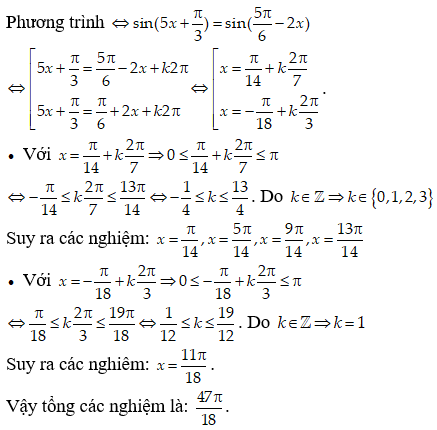 Tìm tổng các nghiệm của phương trình: sin(5x + pi/3) = cos(2x - pi/3) trên [0; pi] (ảnh 1)