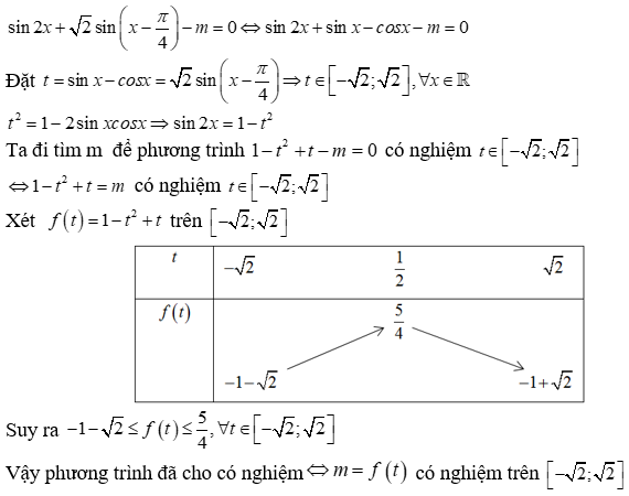 Có bao nhiêu giá trị nguyên của m để phương trình: sin2x + căn(2)sin(x - pi/4) - m = 0 có nghiệm: A.3 B.4 C.5 D.6 (ảnh 1)