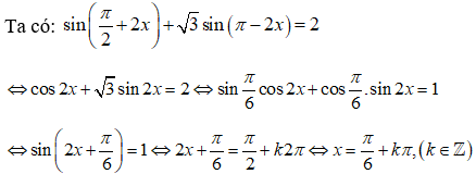 Giải các phương trình sau: sin(pi/2 + 2x) + căn(3)sin(pi - 2x) = 2 (ảnh 1)