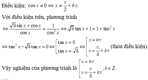 Một họ nghiệm của phương trình căn(3)sinx + cosx = 1 / cosx là: A.x= k2pi B.x=pi/3+k2pi C.x=pi/3+kpi D.x= pi/6+kpi (ảnh 1)