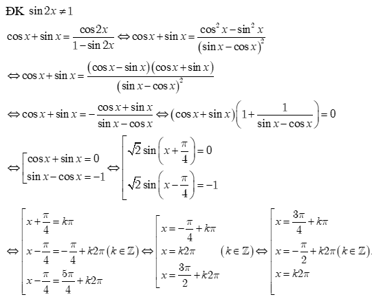 Phương trình cosx + sinx = cos2x / 1 - sin2x có nghiệm là (ảnh 1)