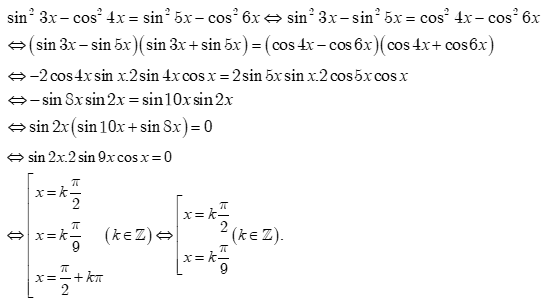 Phương trình sin^2 3x – cos^2 4x = sin^2 5x – cos^2 6x có các nghiệm là (ảnh 1)