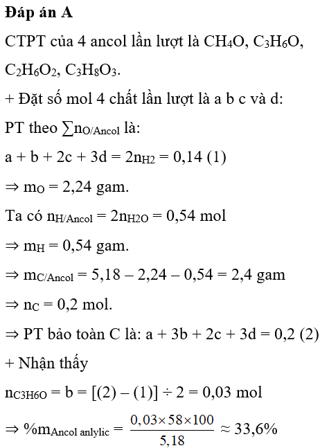 Cho 5,18 gam hỗn hợp A gồm ( metanol, ancol anlylic, etanđiol và 