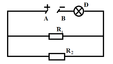 Cho đoạn mạch như hình vẽ:R1= 6 Ω , R2= 4 Ω. Đèn ghi 6 V- 9 W (bỏ qua điện trở dây nối)Đặt vào hai đầu đoạn mạch AB một hiệu điện thế không đổi bằng 9 V. (ảnh 1)