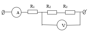  Cho mạch điện như hình vẽ. Ampe kế chỉ 2A, vôn kế chỉ 24V. Điện trở R2= R3 = 2R1(điện trở ampe kế rất nhỏ, điện trở vôn kế rất lớn). Giá trị của các điện trở lần lượt  (ảnh 1)