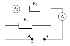 Cho mạch điện có sơ đồ như hình vẽ, trong đó R1= 5Ω, R2= 10Ω, ampe kế A1chỉ 0,6A.a) Tính hiệu điện thế giữa hai đầu AB của đoạn mạch.b)  Xác định số chỉ của ampe kế A. (ảnh 2)