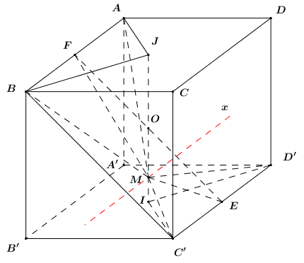  (VD): Cho hình lập phương có tâm O. Gọi I là tâm hình vuông và M là điểm thuộc đoạn thẳng sao cho . Khi đó côsin của góc tạo bởi hai mặt phẳng và bằng:  (ảnh 7)