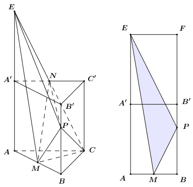  (VD): Cho hình lăng trụ có thể tích bằng . Gọi lần lượt là trung điểm của các cạnh . P là điểm trên cạnh sao cho . Thể tích của khối tứ diện bằng:  (ảnh 18)