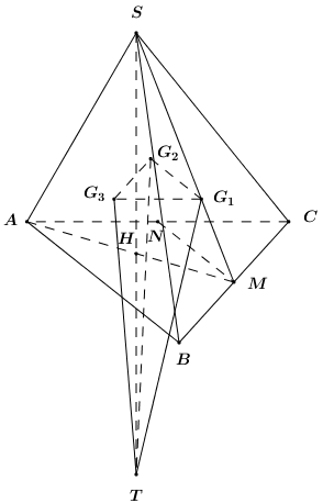  (VDC): Cho hình chóp có , , , . Gọi lần lượt là trọng tâm các tam giác và T đối xứng với S qua mặt phẳng . Thể tích khối chóp bằng \[\frac{a}{b}\], với và tối giản. Tính giá trị của biểu thứ (ảnh 24)