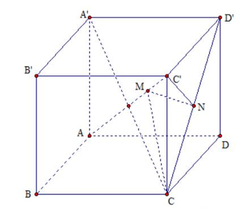 Cho hình lập phương cạnh bằng 2. Điểm lần lượt nằm trên đoạn thẳng và sao cho \(\frac{{C'M}}{{C'A}} = \frac{{D'N}}{{2D'C}} = \frac{1}{4}.\) Tính thể tích tứ diện Hướng dẫn gải: (ảnh 6)