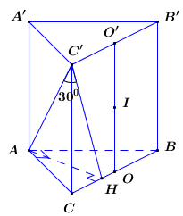 (VD): Cho hình lăng trụ đứng ABC.A’B’C’. Đáy là tam giác vuông tại A, có BC = 2AC = 2a. Đường thẳng AC’ tạo với mặt phẳng (BCC’B’) một góc . Diện tích của mặt cầu ngoại tiếp hình lăng trụ đã (ảnh 3)