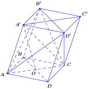  (VD): Cho hình hộp ABCD.A’B’C’D’ có đáy là hình thoi cạnh a và . Mặt chéo ACC’A’ nằm trong mặt phẳng vuông góc với đáy, đồng thời ACC’A’ cũng là hình thoi có . Thể tích khối tứ diện ACB’D’ l (ảnh 5)