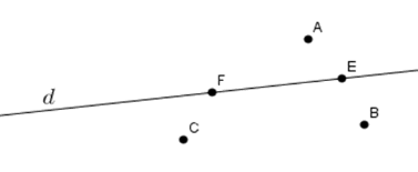 Hình vẽ nào dưới đây thể hiện đúng theo cách diễn đạt: “ Đường thẳng d đi qua các điểm A; B; C nhưng không đi qua các điểm E; F  (ảnh 1)