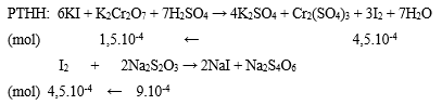  Để xác định nồng độ mol/l của dd K2Cr2O7người ta làm như sau:Lấy 10 ml dung dịch K2Cr2O7cho tác dụng với lượng dư dung dịch KI trong môi trường axit sunfuric loãng dư. Lượng I2thoát ra trong (ảnh 1)