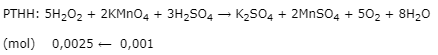  Để xác định nồng độ dung dịch H2O2, người ta hòa tan 0,5 gam nước oxi già vào nước, thêm H2SO4tạo môi trường axit. Chuẩn độ dung dịch thu được cần vừa đủ 10 ml dung dịch KMnO40,1M. Xác định  (ảnh 1)