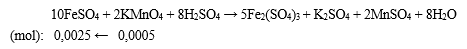  Để chuẩn độ 10 ml dung dịch FeSO4trong dung dịch có H2SO4loãng làm môi trường, thì cần dùng hết 20 ml dung dịch KMnO40,025M, nồng độ mol dung dịch FeSO4làA.0,25M. (ảnh 1)