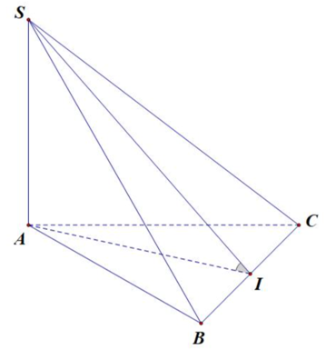 Cho hình chóp \(S.ABC\) có \(SA\) vuông góc với mặt phẳng \(ABC,SA = 1\) và đáy \(ABC\) là tam giác đều với độ dài cạnh bằng 2. Tính góc giữa mặt phẳng \(SBC\) và mặt phẳng \(ABC.\) (ảnh 1)