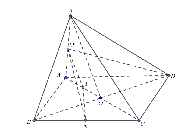 Cho hình chóp tứ giác đều có cạnh đáy bằng \(a.\) Gọi \(M;N\) lần lượt là trung điểm của \(SA\) và \(BC.\) Biết góc giữa \(MN\) và mặt phẳng \(\left( {ABCD} \right)\) bằng \({60^0}.\) Khoảng  (ảnh 1)