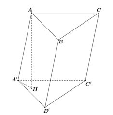 Cho lăng trụ \(ABC.A'B'C'\) có đáy là tam giác đều cạnh cạnh bên bằng \(4a\) và tạo với đáy một góc \({30^0}.\) Thể tích khối lăng trụ \(ABC.A'B'C'\) bằng (ảnh 1)