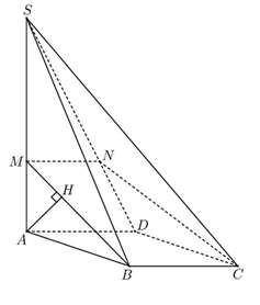 Cho hình chóp S.ABCD có đáy ABCD là hình vuông cạnh bằng a, SAvuông góc với mặt phẳng \(\left( {ABCD} \right)\) và \(SA = 3a.\) Mặt phẳng \(\left( P \right)\) chứa cạnh BCvà cắt hình chóp S.A (ảnh 1)