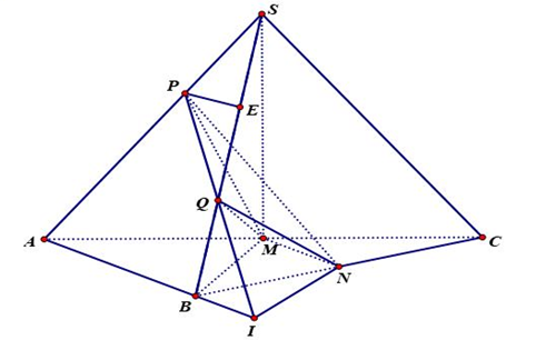 Cho hình chóp \(S.ABC\) có \(SA = SB = SC = 3,\) tam giác \(ABC\) vuông cân tại \(B\) và \[AC = 2\sqrt 2 .\] Gọi \(M,N\) lần lượt là trung điểm của \(AC\) và \(BC.\) Trên hai cạnh \(SA,SB\) l (ảnh 1)