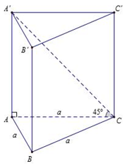 Cho hình lăng trụ tam giác đều \(ABC.A'B'C'\) có \(AB = a,\) góc giữa đường thẳng \(A'C\) và mặt phẳng \(\left( {ABC} \right)\) bằng \({45^0}.\) Thể tích của khối lăng trụ \(ABC.A'B'C'\) bằng (ảnh 1)