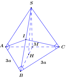  (VDC): Cho hình chóp \[S.ABC\] có đáy \[ABC\] là tam giác vuông cân tại B, \[AB = BC = 3a\], góc \[\angle SAB = \angle SCB = {90^0}\]và khoảng cách từ A đến mặt phẳng \[\left( {SBC} \right)\ (ảnh 1)