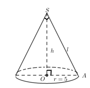 Cho hình nón có bán kính đáy bằng 5 và góc ở điỉnh bằng \({90^0}.\) Diện tích xung quanh của hình nón đã cho bằng  (ảnh 1)