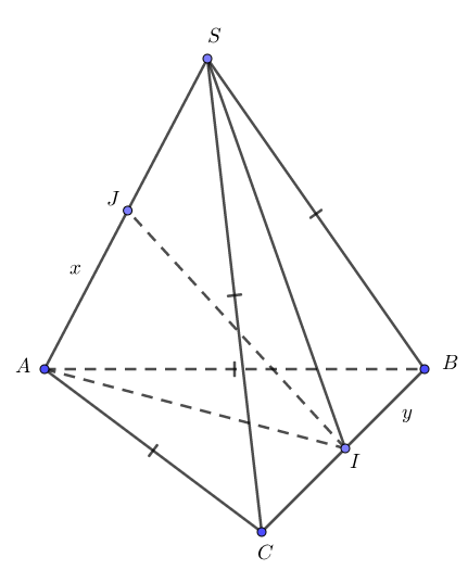 Cho hình chóp \[S.ABC\] có \[SA = x\], \[BC = y\], \[AB = AC = SB = SC = 1\]. Thể tích khối chóp \[S.ABC\] lớn nhất khi tổng \[\left( {x + y} \right)\] bằng (ảnh 1)