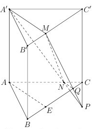 Cho hình lăng trụ tam giác đều \(ABC.A'B'C'\) có tất cả các cạnh bằng \(3a\). Gọi \(M\)thuộc cạnh \(B'C'\) sao cho \(MC' = 2MB'\) , \(N\) thuộc cạnh \(AC\) sao cho  \(AC = 4NC\) Mặt phẳng \(\ (ảnh 1)