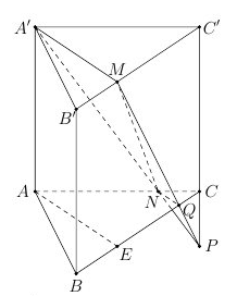 Cho hình lăng trụ tam giác đều \(ABC.A'B'C'\) có tất cả các cạnh bằng \(3a\). Gọi \(M\)thuộc cạnh \(B'C'\) sao cho \(MC' = 2MB'\) , \(N\) thuộc cạnh \(AC\) sao cho  \(AC = 4NC\) Mặt phẳng \(\ (ảnh 2)