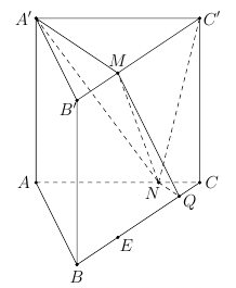 Cho hình lăng trụ tam giác đều \(ABC.A'B'C'\) có tất cả các cạnh bằng \(3a\). Gọi \(M\)thuộc cạnh \(B'C'\) sao cho \(MC' = 2MB'\) , \(N\) thuộc cạnh \(AC\) sao cho  \(AC = 4NC\) Mặt phẳng \(\ (ảnh 3)