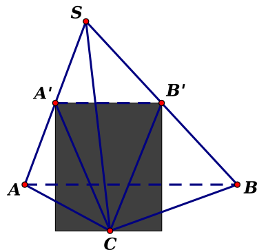  Cho hình chóp S.ABCD có A' và B' lần lượt là trung điểm của SA và SB. Biết thể tích  (ảnh 1)