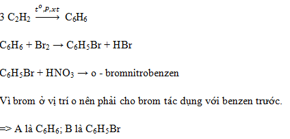\[{C_2}{H_2} \to A \to B \to o - brombenzen\]. Công thức của A và B lần lượt là (ảnh 1)