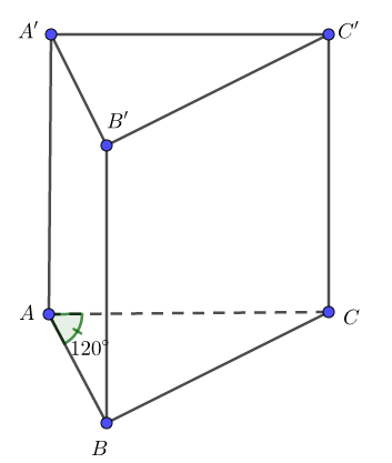 Cho lăng trụ đứng  ABC.A'B'C' có đáy ABC là tam giác với AB = a,AC = 2a và góc BAC = 120^0, AA' = 2a căn 5 . (ảnh 1)
