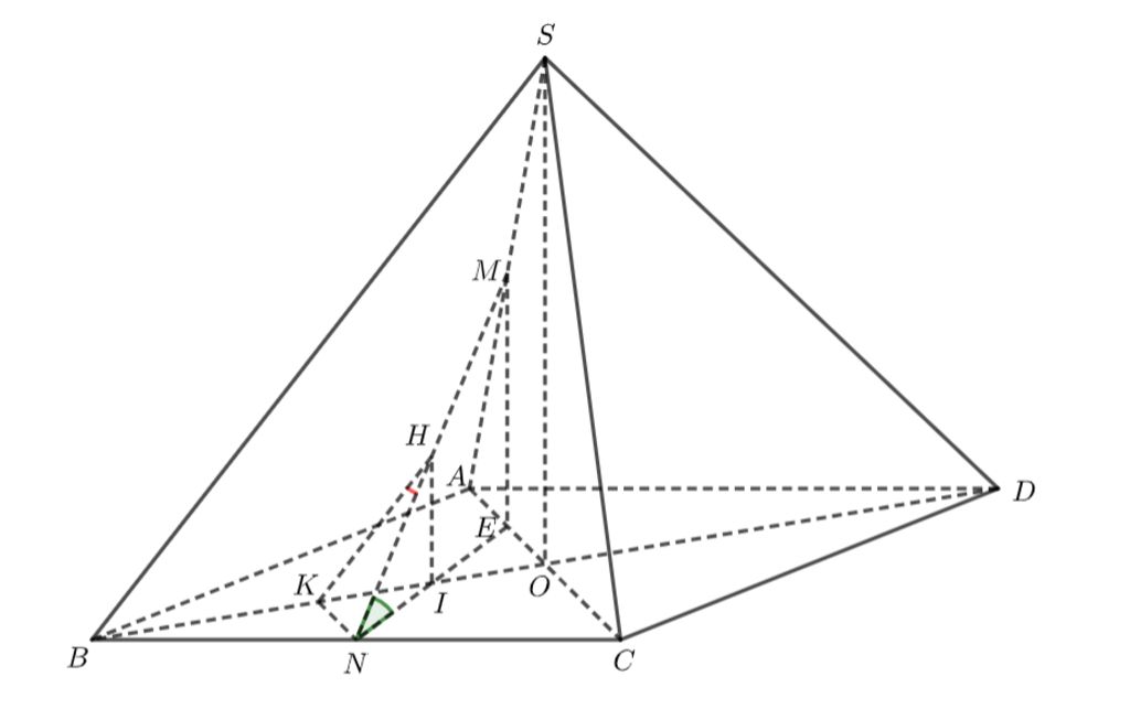 Cho hình chóp tứ giác đều S.ABCD có cạnh đáy bằng a tâm O. Gọi M,N lần lượt là trung điểm của SA và BC. (ảnh 1)