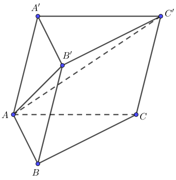 Mặt phẳng AB'C' chia khối lăng trụ ABC.A'B'C' thành hai khối đa diện AA'B'C và ABCC'B' có thể tích lần lượt là  (ảnh 1)