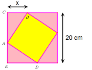  Một viên gạch hình vuông có cạnh thay đổi được đặt nội tiếp trong một hình vuông có cạnh bằng 20cm, tạo thành bốn tam giác xung quanh như hình vẽ.Tìm tập hợp các giá trị của x để diện tích v (ảnh 2)