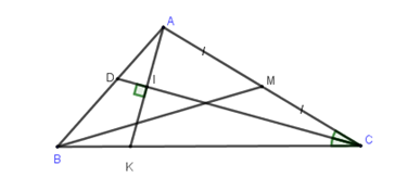  Trong mặt phẳng với hệ toạ độ Oxy, cho \[\Delta ABC\] có đỉnh A(1;2), phương trình đường trung tuyến  (ảnh 1)