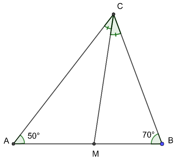 Cho Delta ABC có góc A = 50^0, góc B = 70^0. Tia phân giác của góc C cắt cạnh AB tại M. Tính số đo các góc AMC, BMC. (ảnh 1)